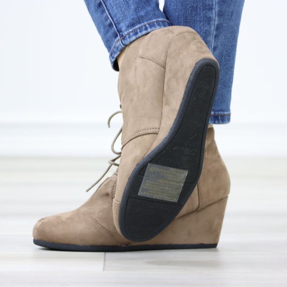 Taupe Faux Suede Round Toe Wedge Heel Lace Up Ankle Boots - Picture 12 of 12